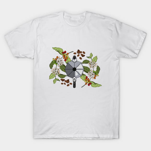 Hand Drawn Coffee Plants and Beans - Moka Pot Espresso T-Shirt by Mada's Coffee Shop